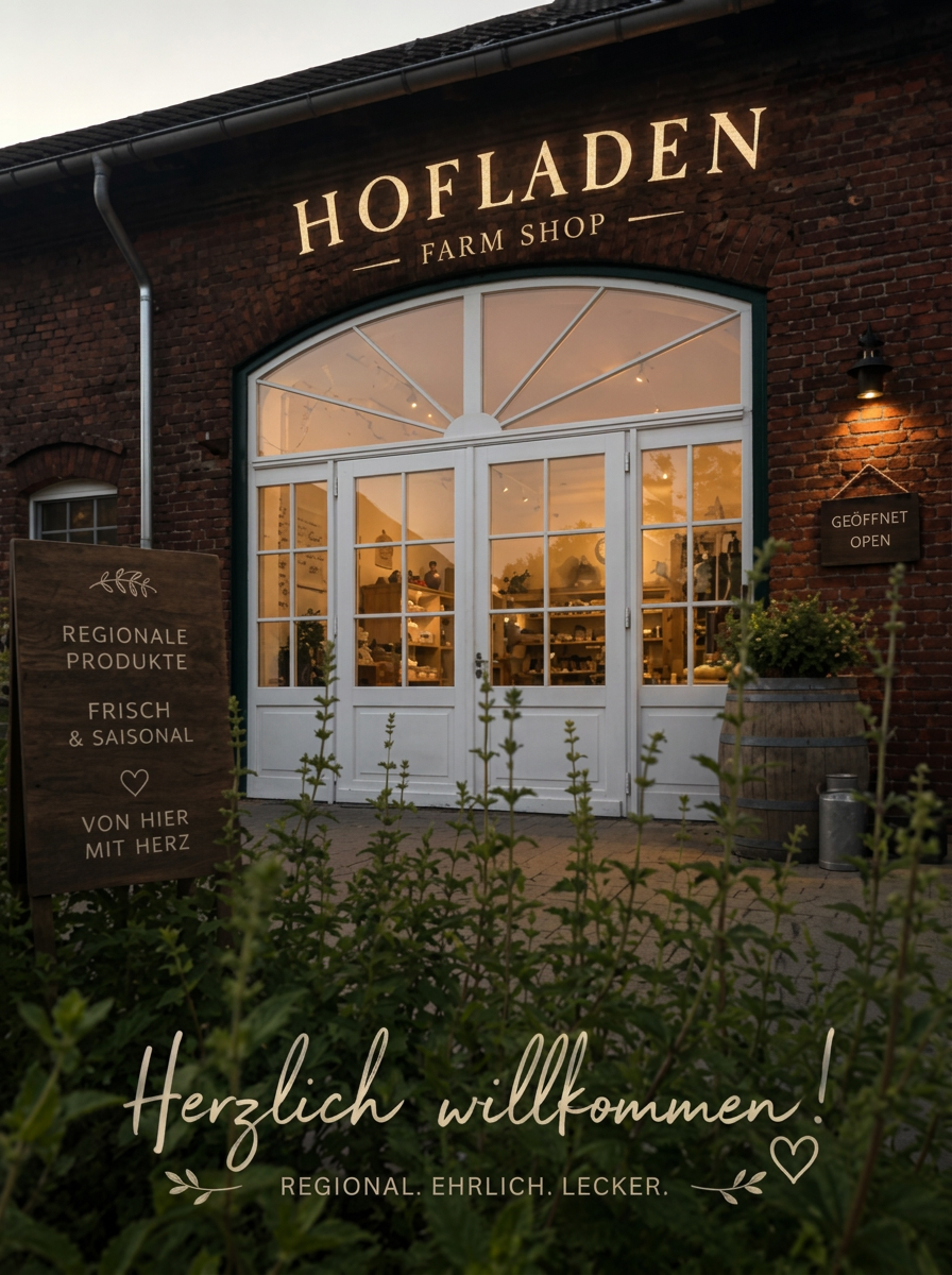 Hofladen mit beleuchtetem Eingang am Abend